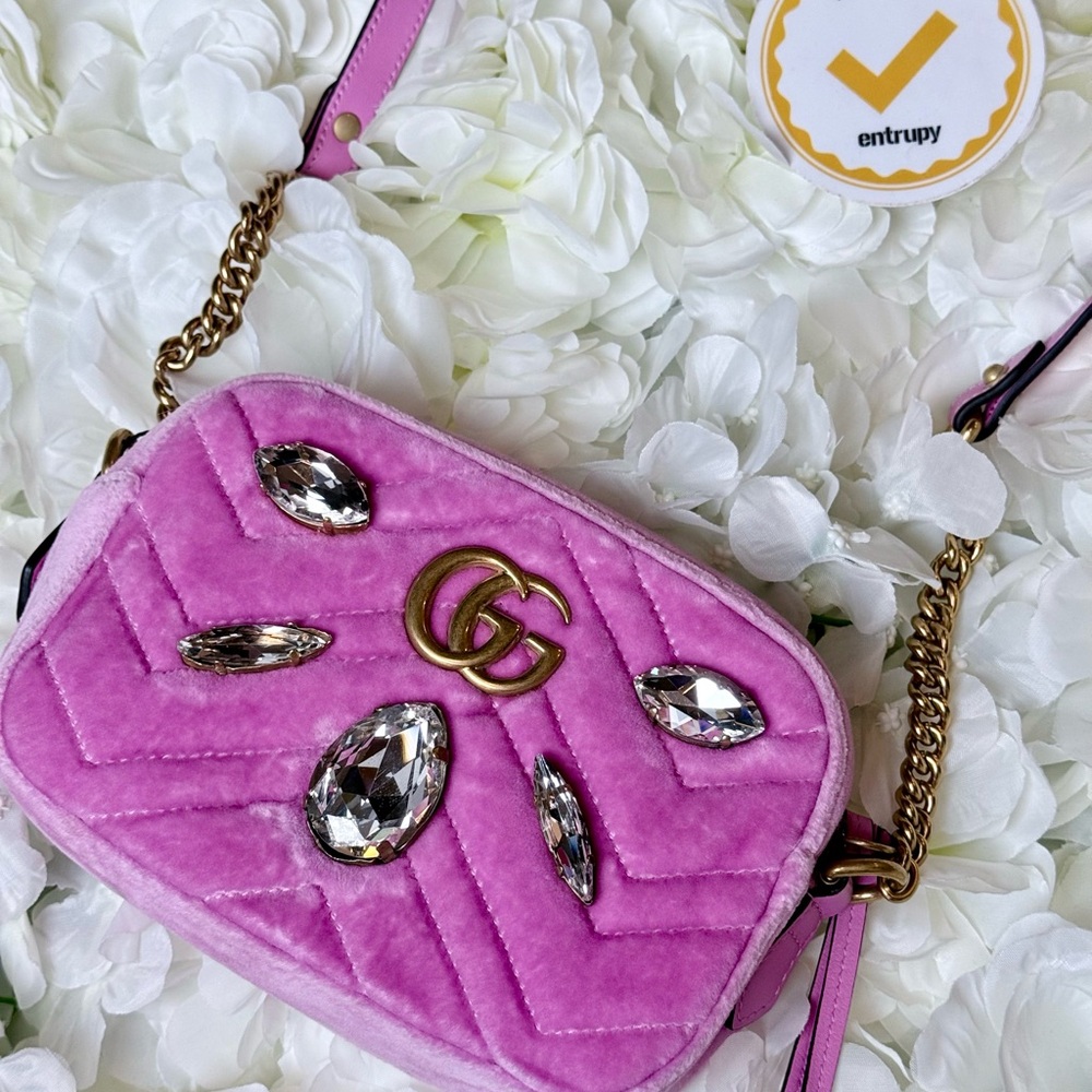 Gucci GG Pink Marmont Matelasse Velvet Crossbody Bag Rhinestones- Authentic - Picture 3 of 16